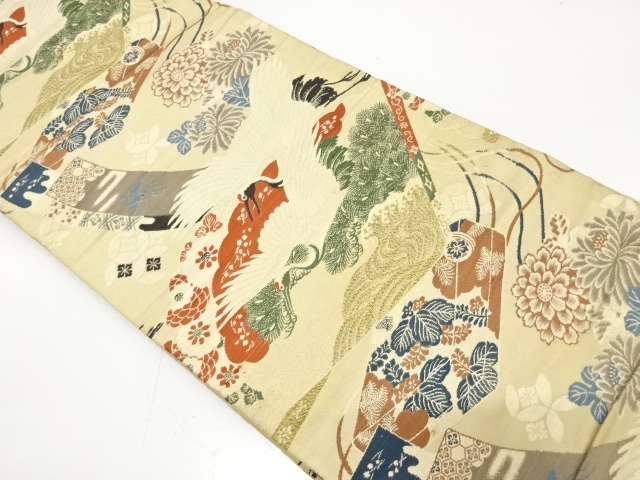 JAPANESE KIMONO / ANTIQUE MARU OBI / WOVEN CRANE & FLOWER